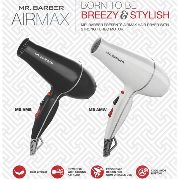 Mr. Barber MB-AMW Airmax with 2 Air Flow Detachable Nozzles Turbo Motor Powerful Professional Hair Dryer For Styling & Dressing 2400 Watts (White) - 1 Piece - Image 6