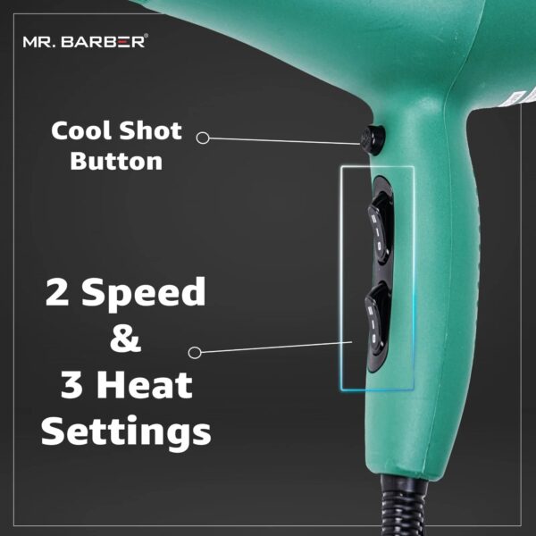 Mr. Barber 2400 Watts Infinity Pro Ionic Hair Dryer Ceramic Technology With 3-Heat Settings & 2-Speed Settings For Professional Styling (Green) - 1 Piece - Image 2