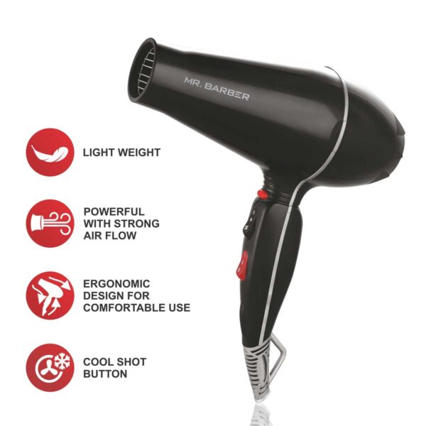 Mr. Barber Airmax Dryer with 2 Air Flow Detachable Nozzles Turbo Motor Powerful Professional Hair Dryer For Styling & Dressing 2400 Watts (Black) - 1 Piece - Image 4