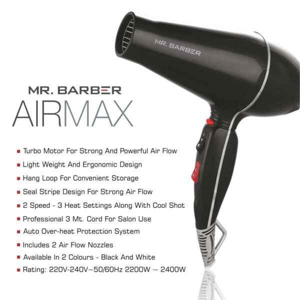 Mr. Barber Airmax Dryer with 2 Air Flow Detachable Nozzles Turbo Motor Powerful Professional Hair Dryer For Styling & Dressing 2400 Watts (Black) - 1 Piece - Image 2
