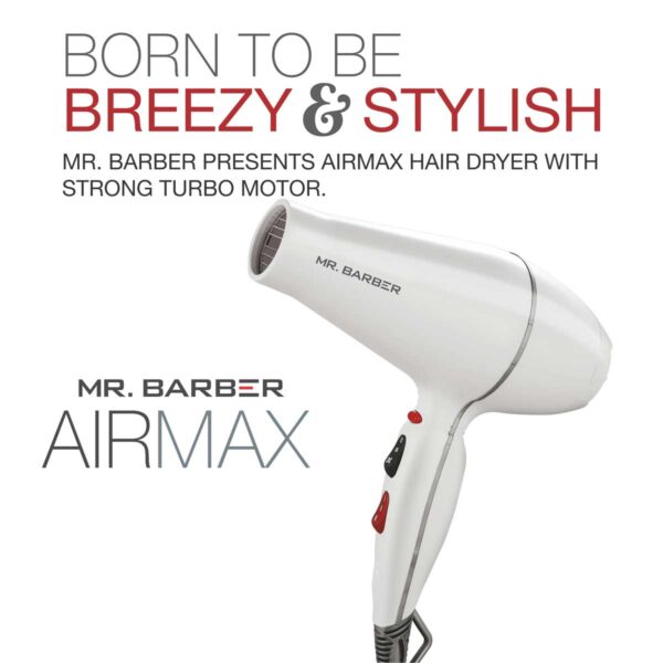 Mr. Barber MB-AMW Airmax with 2 Air Flow Detachable Nozzles Turbo Motor Powerful Professional Hair Dryer For Styling & Dressing 2400 Watts (White) - 1 Piece - Image 3