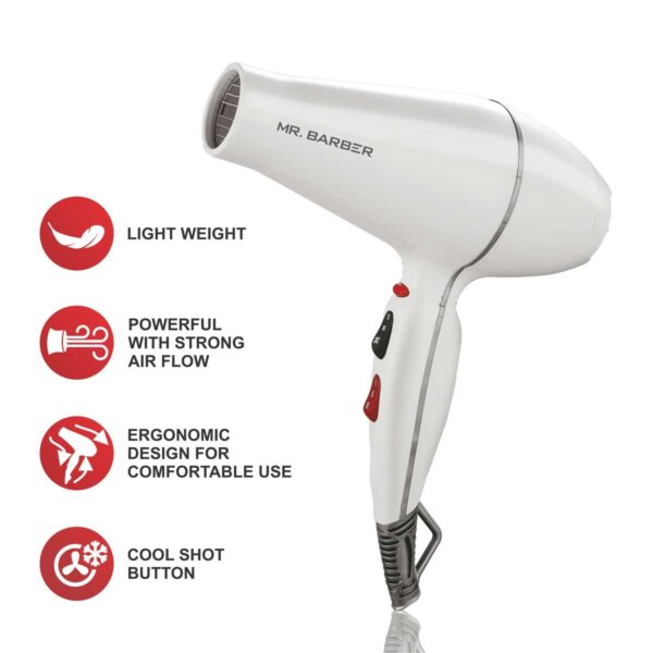 Mr. Barber MB-AMW Airmax with 2 Air Flow Detachable Nozzles Turbo Motor Powerful Professional Hair Dryer For Styling & Dressing 2400 Watts (White) - 1 Piece - Image 4