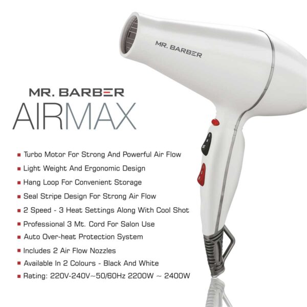 Mr. Barber MB-AMW Airmax with 2 Air Flow Detachable Nozzles Turbo Motor Powerful Professional Hair Dryer For Styling & Dressing 2400 Watts (White) - 1 Piece - Image 2
